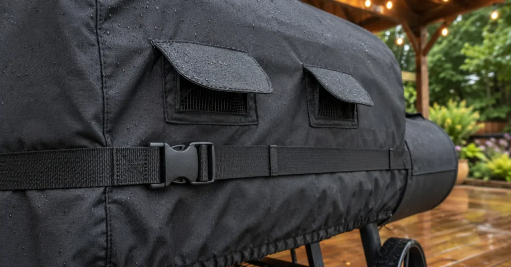 Close-up of waterproof smoker cover with covered air vents and secure straps