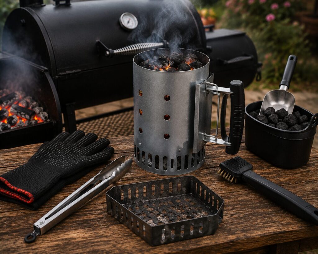 A premium heavy-duty weather-resistant cover protecting an offset smoker from outdoor elements.