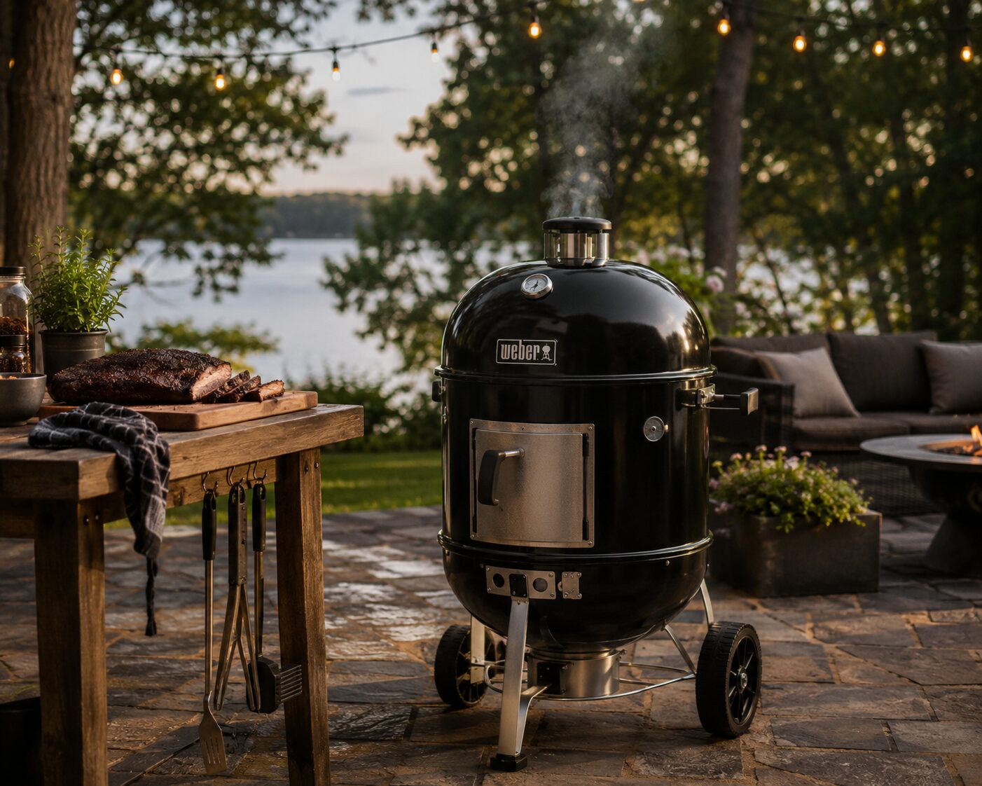 A premium high-end Weber charcoal smoker setup on a beautiful backyard patio during a cookout.