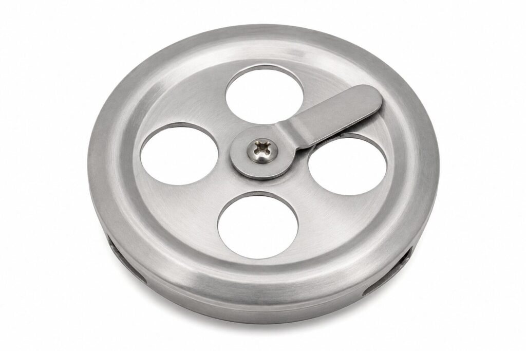 A close up of an adjustable precision aluminum damper vent on a premium Weber barbecue unit.