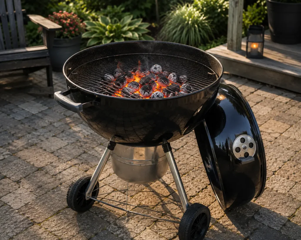 Charcoal kettle grill with hot coals burning inside