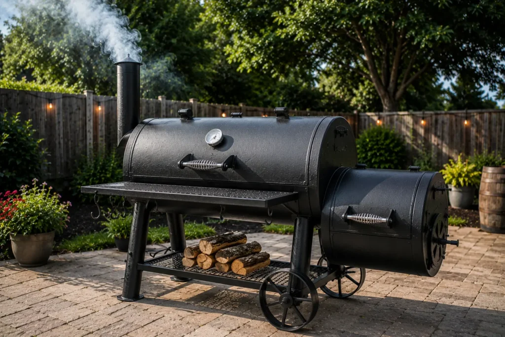 Heavy duty steel offset smoker with wood smoke coming out of chimney