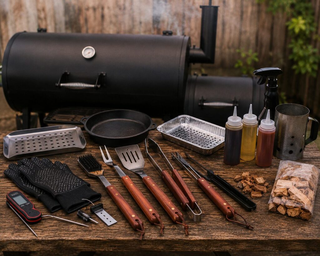 A wireless digital meat thermometer displaying internal temperature probes inside a barbecue smoker grill.