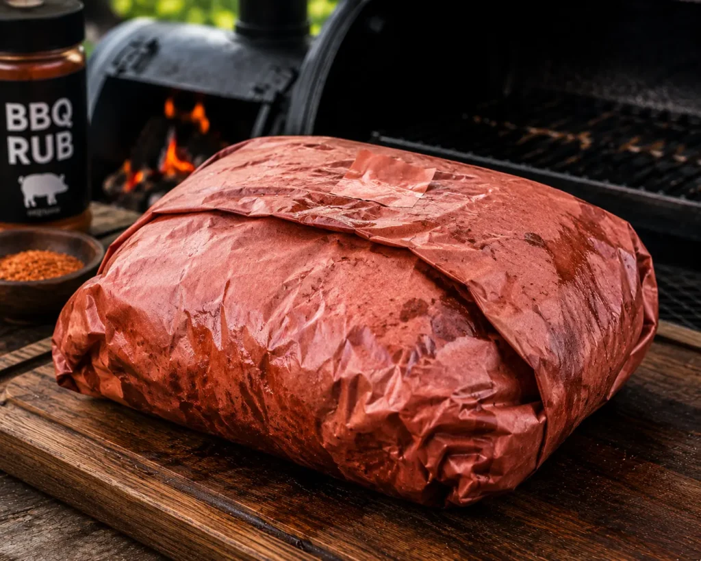 Smoked pork shoulder tightly wrapped in pink butcher paper