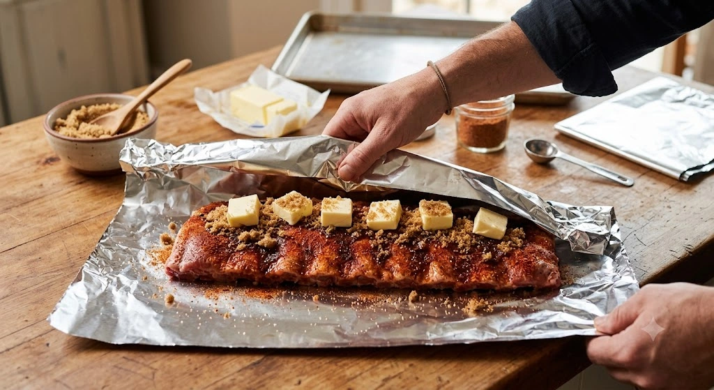 Wrapping a rack of smoked pork ribs tightly in heavy duty aluminum foil during the 3-2-1 cooking method.