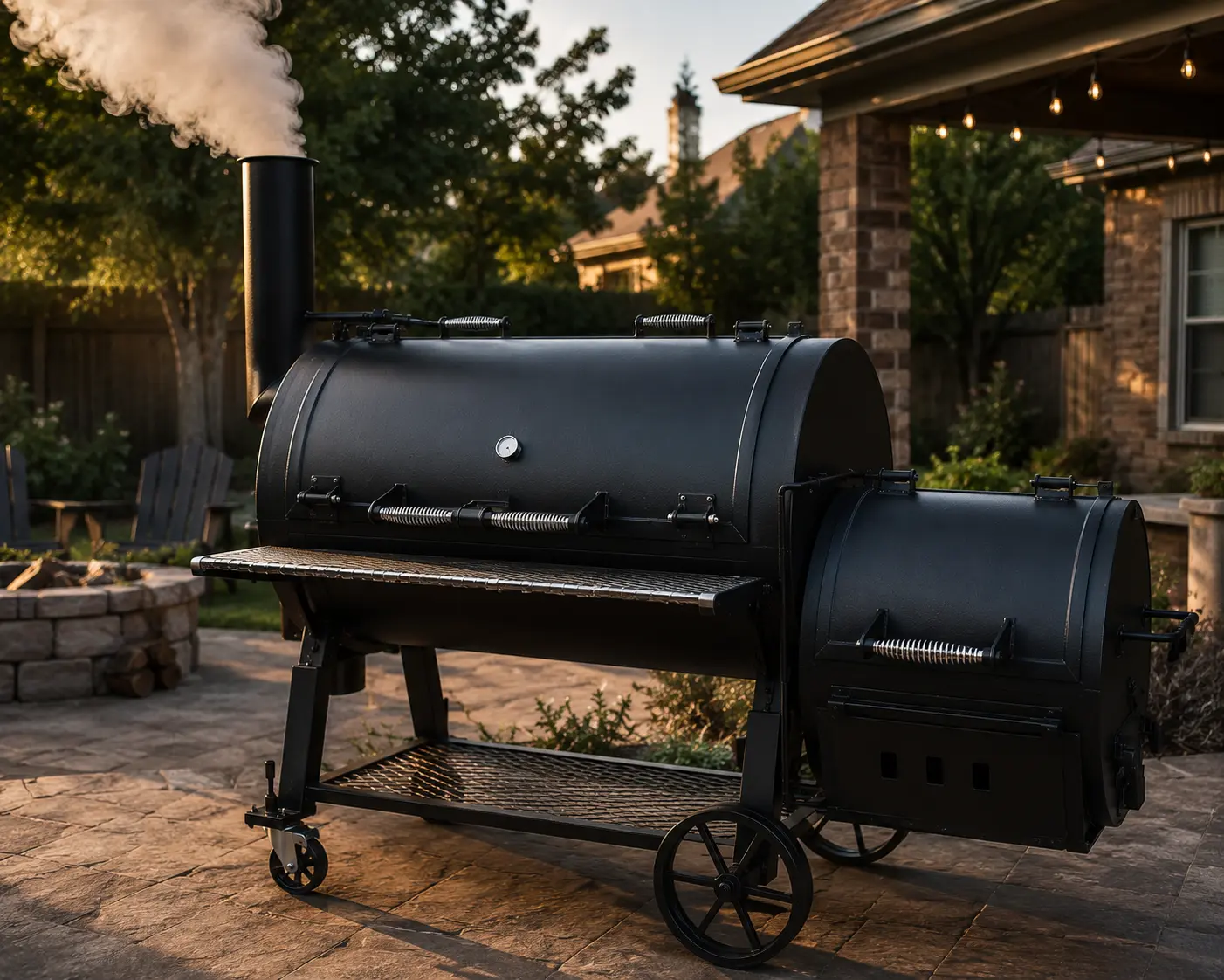 A heavy-duty Yoder Loaded Wichita offset smoker setup in a residential backyard.