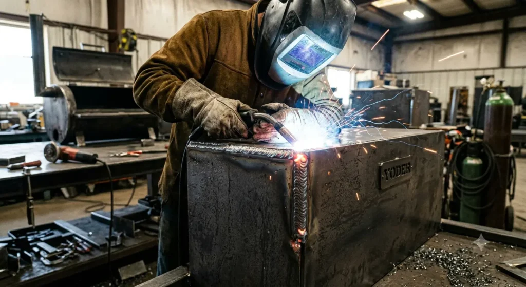 Close-up of the thick 10-gauge steel and precision welding on a premium Yoder offset smoker.