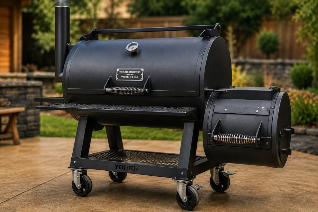 A high-end Yoder offset smoker model designed for professional backyard BBQ.