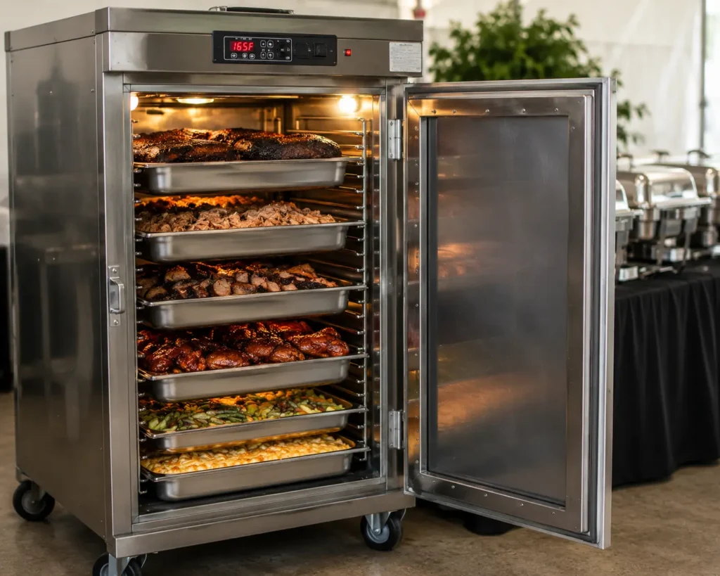 Hot-holding equipment keeping smoked meat at safe serving temperature