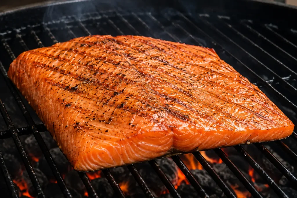 Salmon fillet placed skin-side down on smoker grate