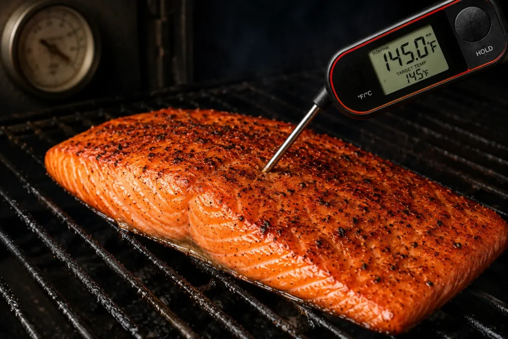Meat thermometer checking internal temperature of salmon