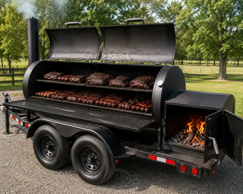 Trailer-mounted offset smoker used for mobile BBQ catering
