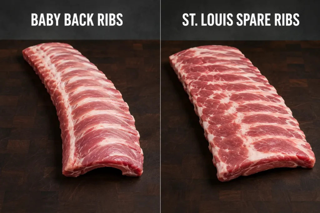 Comparison of raw baby back ribs and St Louis style spare ribs on a butcher counter