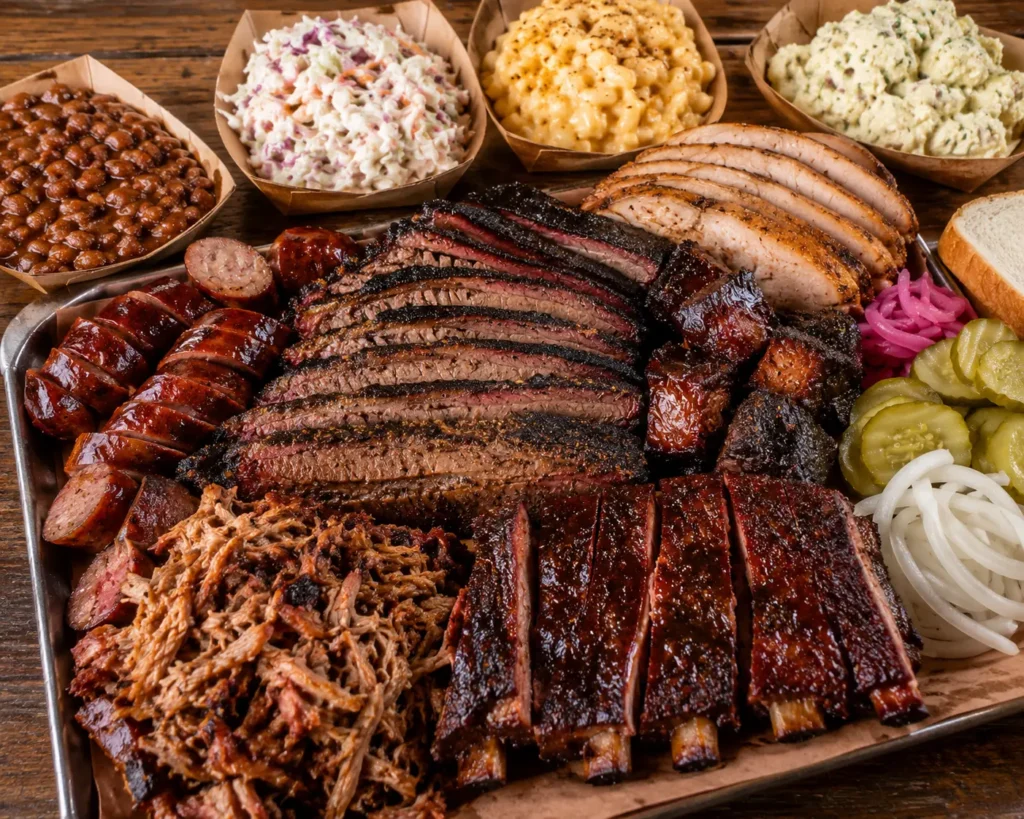	Platter of smoked brisket, ribs, chicken and sausage for catering