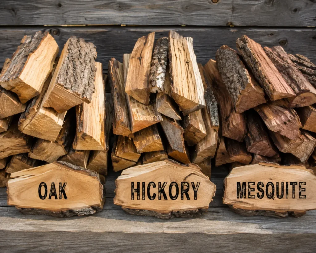 	Different hardwood splits used for smoking: oak, hickory, mesquite, fruit wood