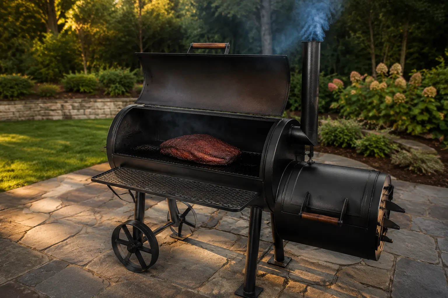 Best reverse flow offset smoker setup cooking brisket on a patio