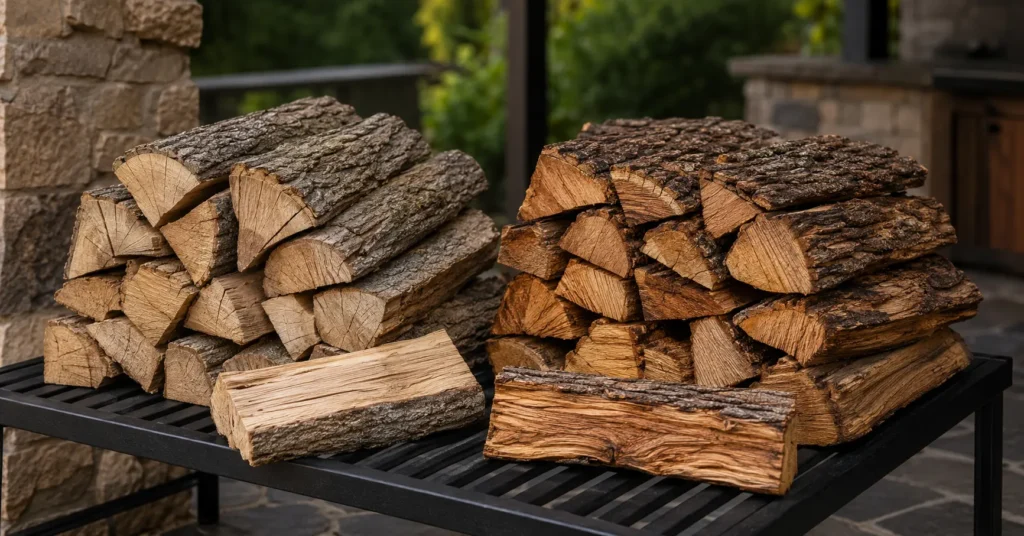 "Properly seasoned oak, hickory, and apple hardwood splits ready for an offset smoker."