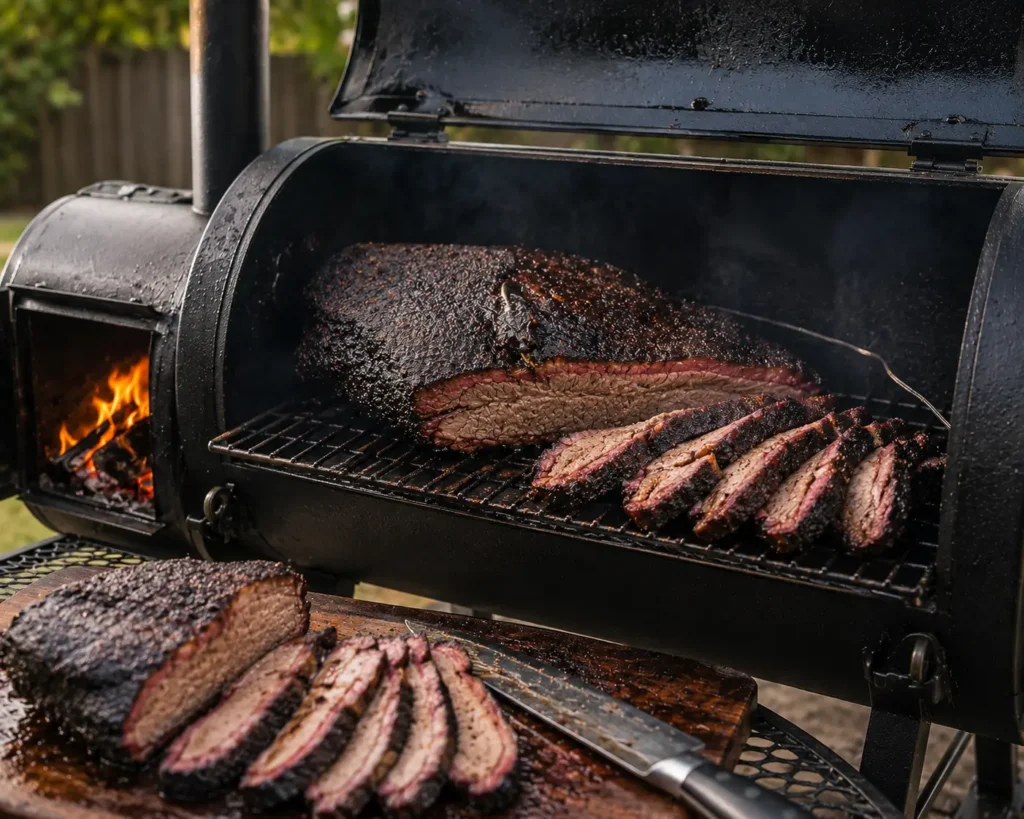 Brisket cooked on an offset smoker