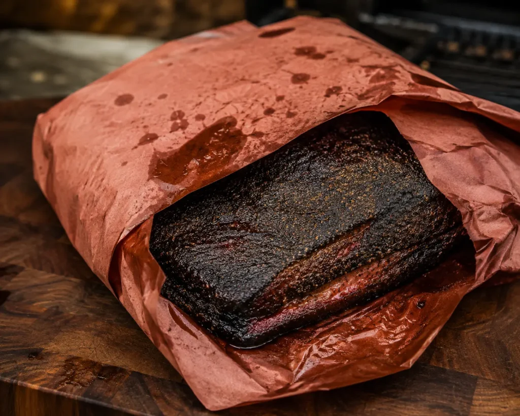 "Brisket wrapped in butcher paper during the stall"