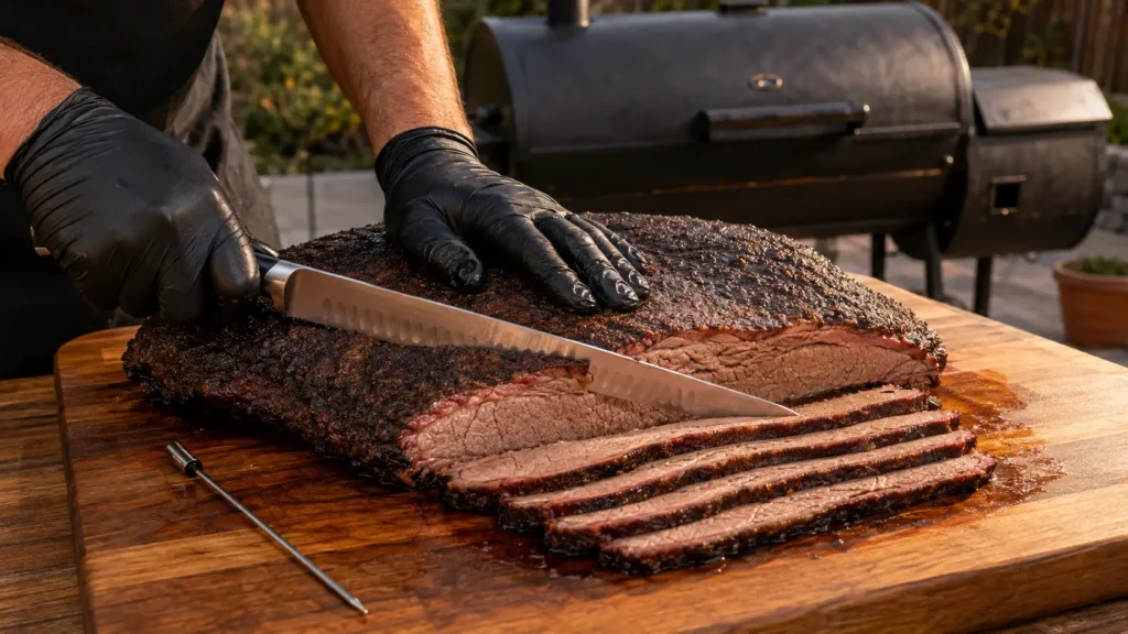 Slicing a tender smoked beef brisket after resting