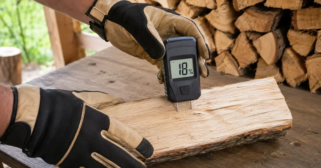Using a moisture meter to check seasoned oak wood