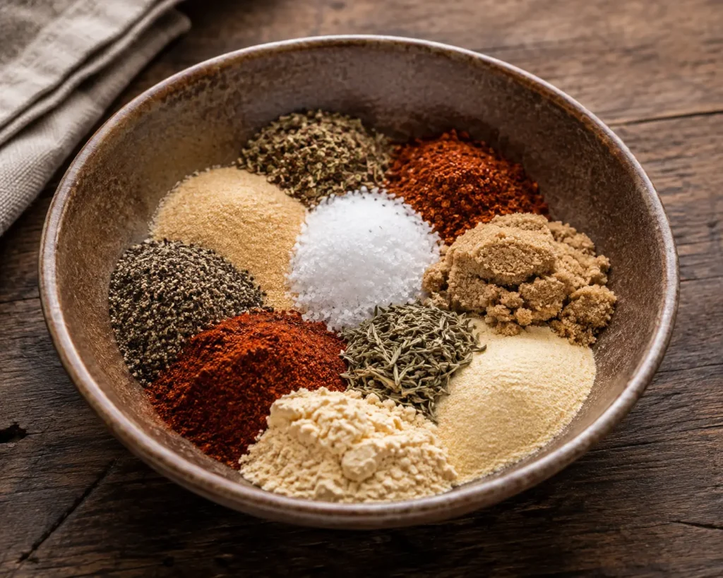 Dry rub ingredients for smoked chicken breast including paprika and garlic powder