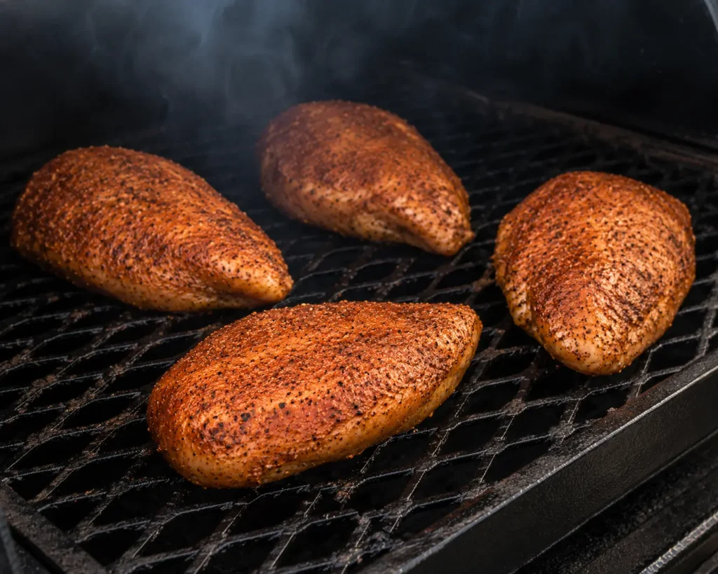 Chicken breasts smoking on an offset smoker cooking grate