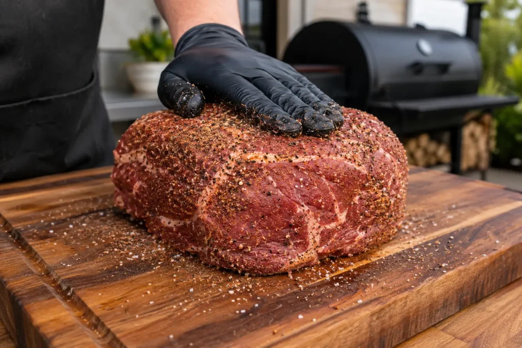 Applying salt pepper and garlic dry rub evenly on raw beef chuck roast