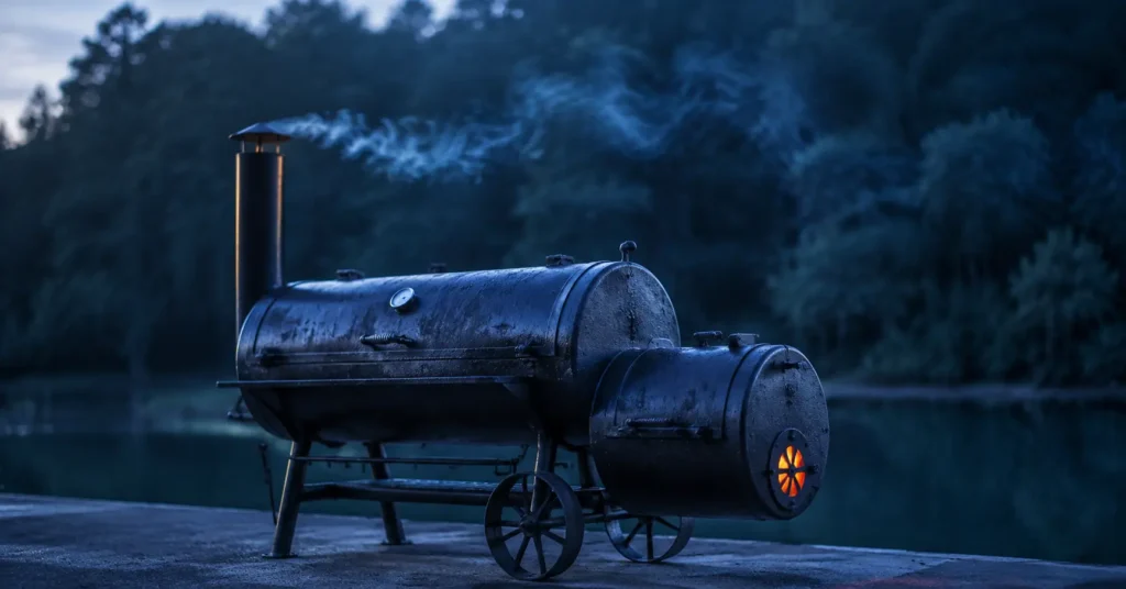 Thin blue smoke rising from offset smoker chimney