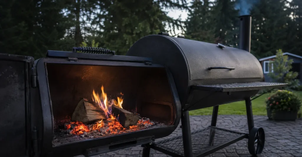 Small clean-burning hardwood fire inside an offset smoker firebox