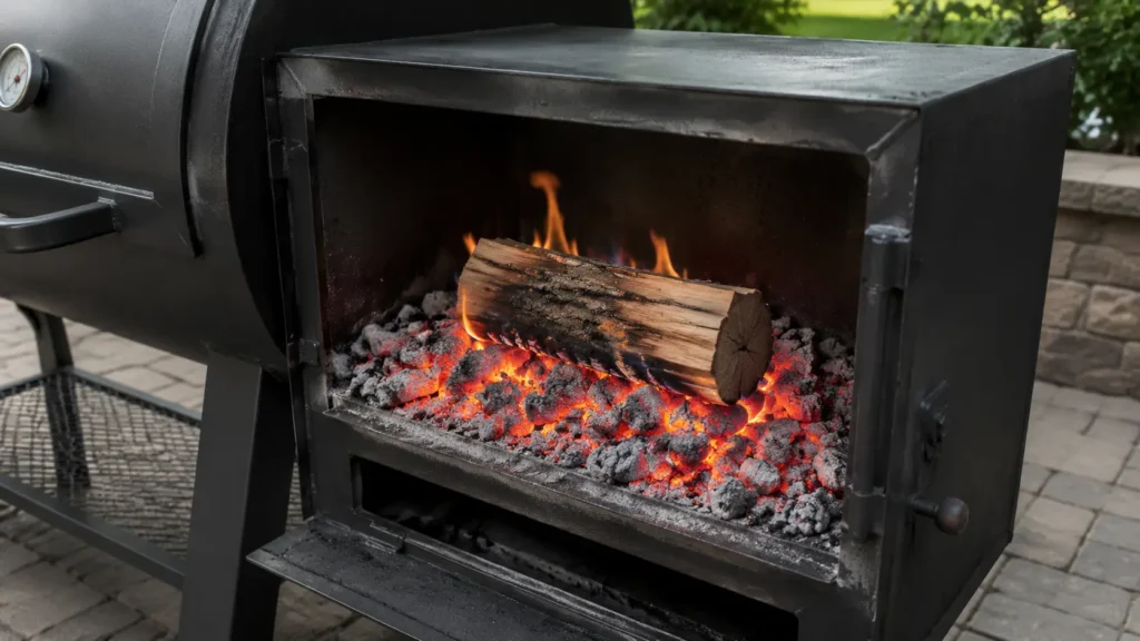 Clean burning wood fire with hot coal bed inside an offset smoker firebox