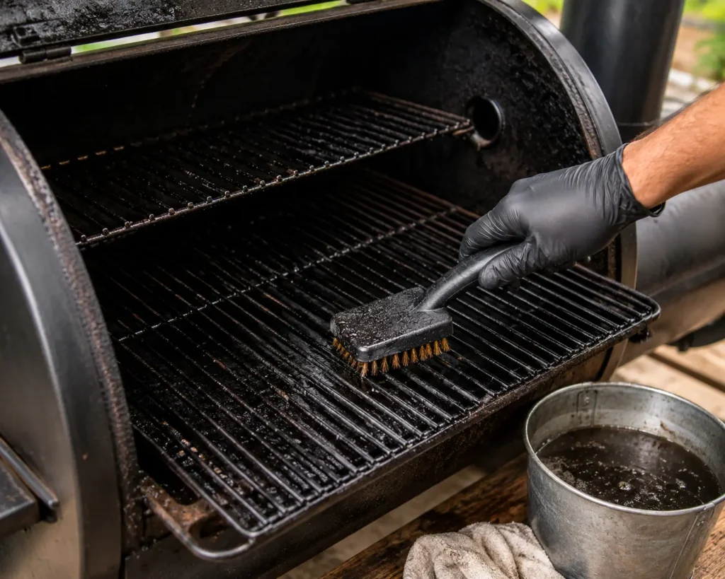 "Cleaning grease and buildup from offset smoker grates"