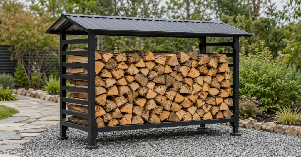 "A covered offset smoker wood rack protecting hardwood splits from rain and ground moisture."