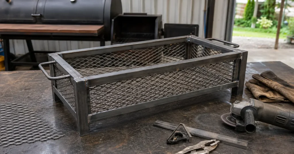 DIY welded expanded metal charcoal basket for offset smoker firebox