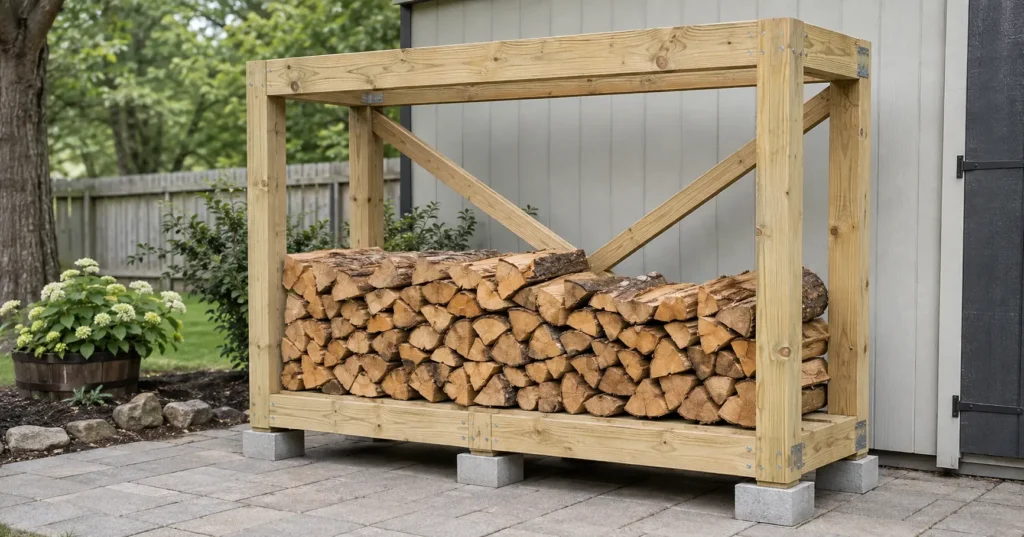 A simple DIY offset smoker wood rack built from exterior-grade 2x4 lumber.