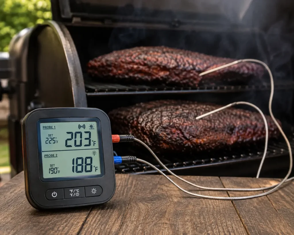 Dual-probe thermometer measuring grate and meat temperature"
