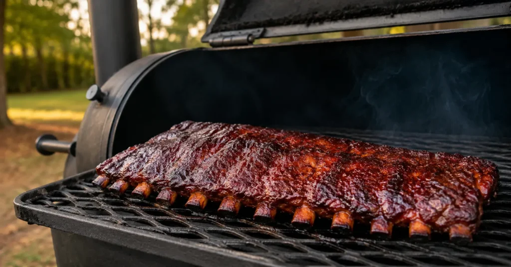Finished barbecue ribs and pork cooked in offset smoker