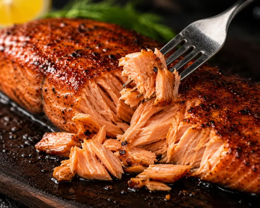 Cooked smoked salmon flaking apart with a fork