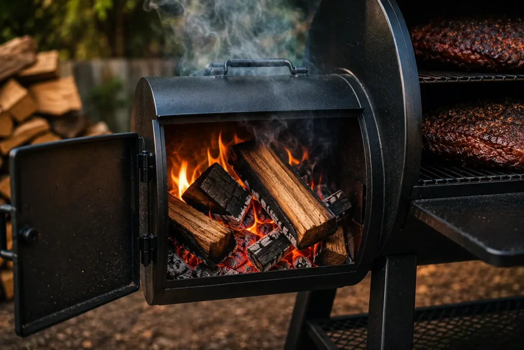 "Clean-burning hardwood smoke inside offset smoker firebox