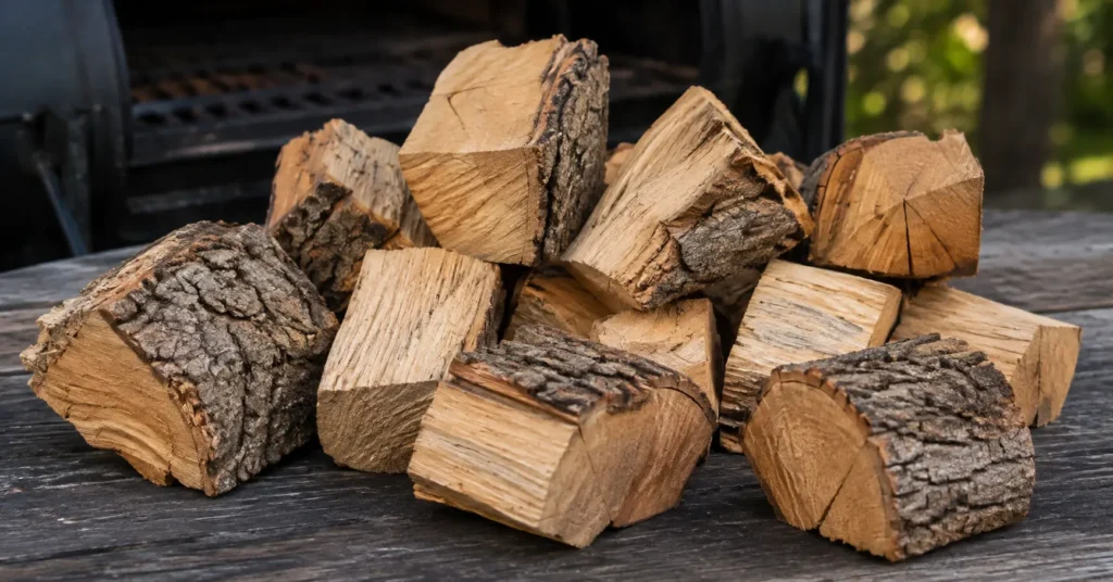Hickory and mesquite wood used for strong smoky barbecue flavor