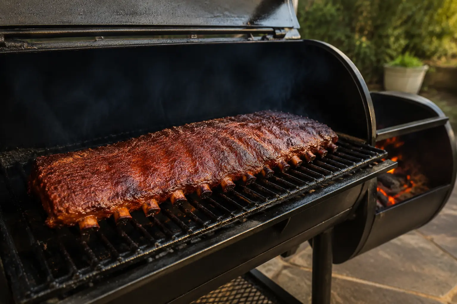 A freshly smoked rack of pork ribs with rich mahogany bark resting on a wooden cutting board