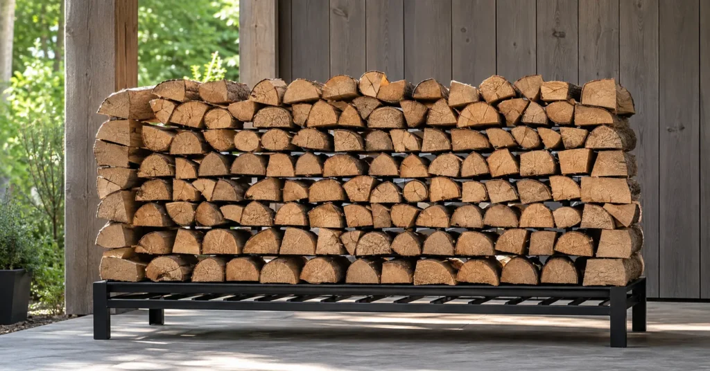 "Properly stacked smoking wood on a rack with visible gaps for air circulation and ventilation."