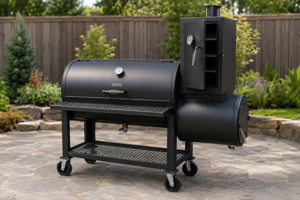 Lang 36 Deluxe Patio reverse flow smoker featuring vertical warming cabinet