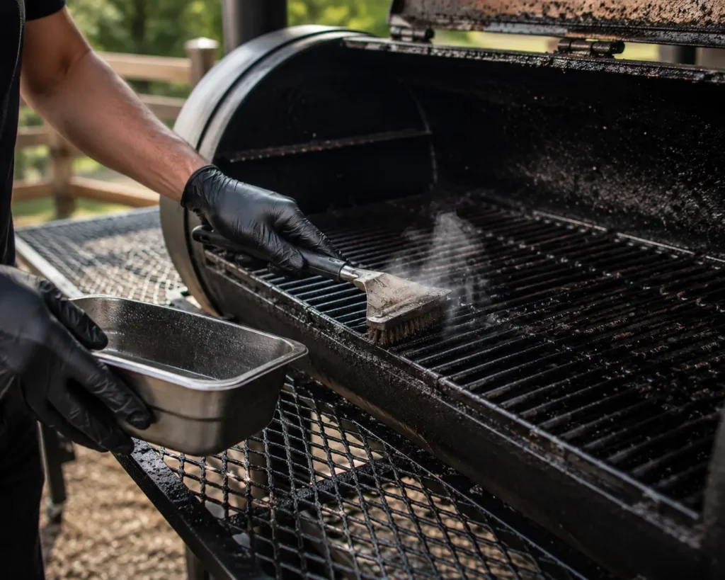 Cleaning grates and inspecting an offset smoker used for catering