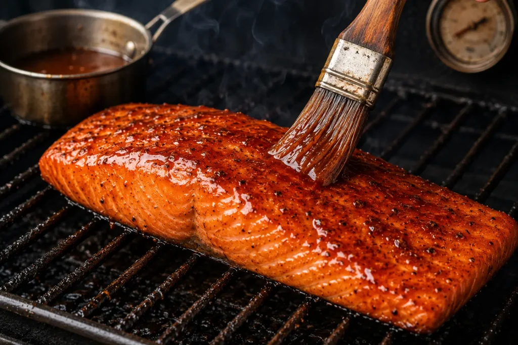 Maple glaze being brushed onto smoked salmon