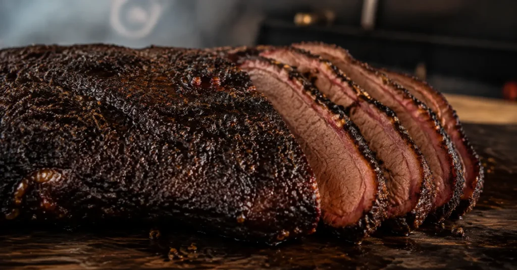 Dark bark created by mesquite wood flavor on smoked beef
