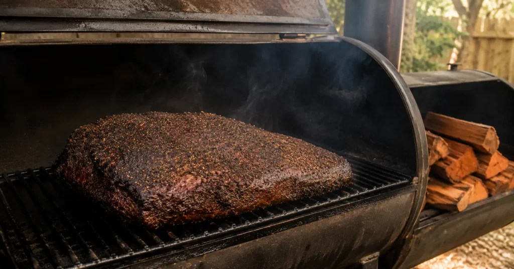 Beef brisket smoked using mesquite wood for offset smoker