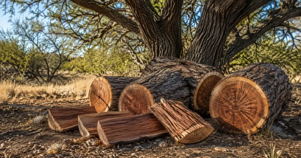 Raw mesquite wood logs used for smoking meat