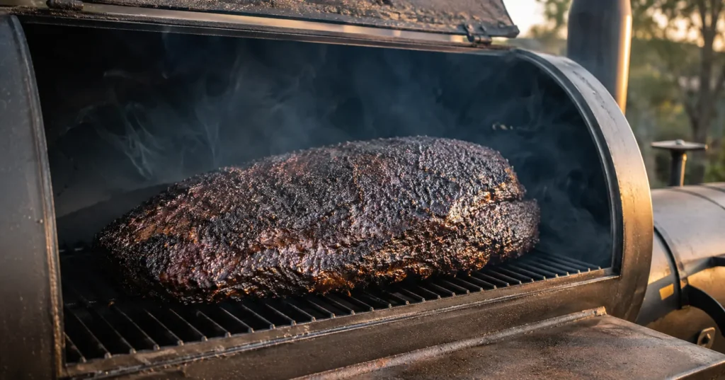 Beef brisket smoked with oak wood showing dark bark