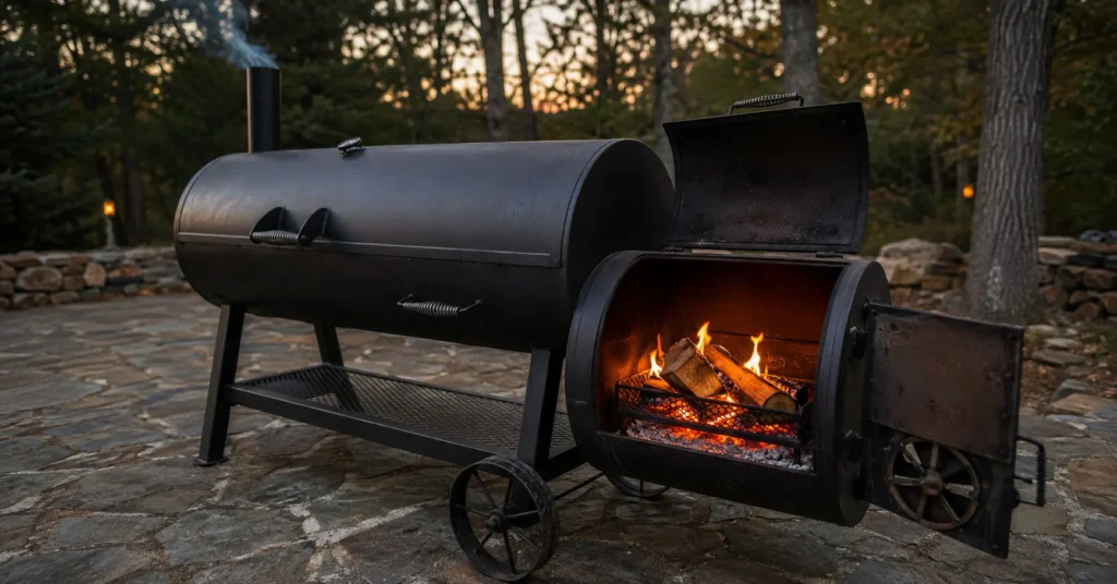 Oak wood splits burning in offset smoker firebox